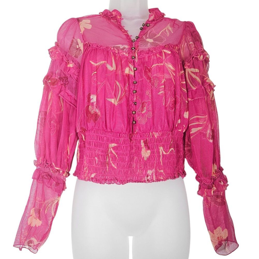 Free People Top L Time For Shine‎ Mesh Smocked Cropped Sheer Fushsia Floral Boho